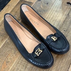 Escada Black Leather Loafers Flats Boat Shoes with Gold Accent Sz US 8 EU 38.5